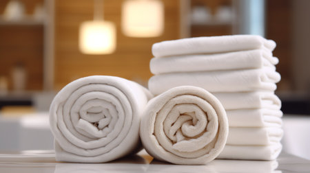 Towels on white wodd top table with copy space on blurred bathroom background. For product display mの素材