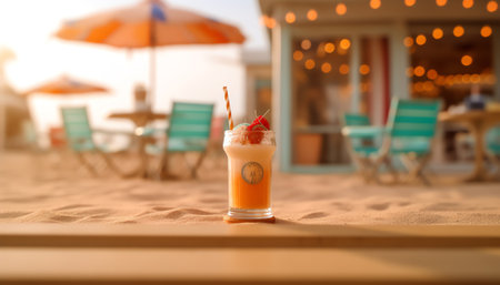 Sunny. An empty bar counter and an empty chair against the background of the beach and the sea. Vacaの素材