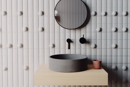 Realistic 3D render, modern round matt gray ceramic wash basin with black faucet on vanity unit. Blaの素材
