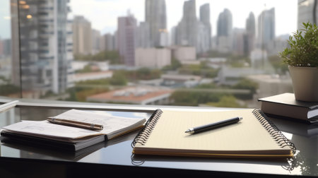 Closeup of notepad for agenda kept on table in empty corporate conference room before business meetiの素材
