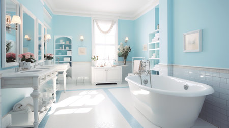 Blue and white bathroom with lots of storage space with open door.の素材