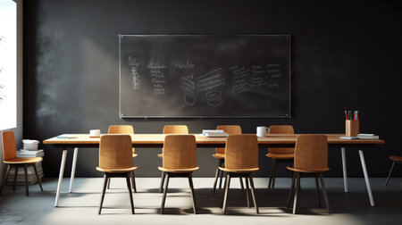 Contemporary meeting room interior with empty blackboard, furniture and equipment. Seminar and preseの素材