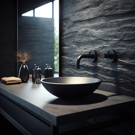 Realistic 3D render, modern round matt gray ceramic wash basin with black faucet on vanity unit. Blaの素材