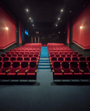 Empty blue cinema seats, chairs.の素材