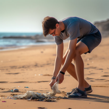 Close up woman hand pick up the plastic bottle on the beach. Female Volunteer clean the trash on theの素材
