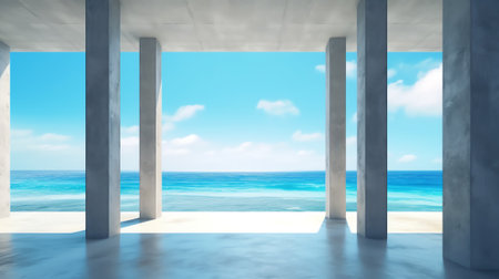 Empty concrete footpath with building wall landscape on sea background. 3d rendering.の素材