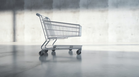 Panorama. Supermarket aisle with empty green shopping cartの素材
