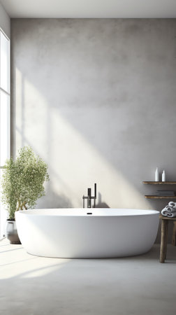 Modern dark bathroom with gray walls, concrete floor and comfortable basin with black faucet, drawerの素材