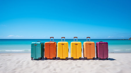 Clean beach garbage bins. Multi colored garbage containers for separate collection of garbage standの素材