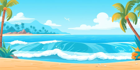 Closeup sand beach sea waves and blue summer sky. Panoramic beach landscape. Empty tropical beach anの素材