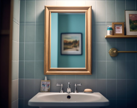 Light bulb and oval mirror hanging on blue wall over sink in minimalist bathroomの素材