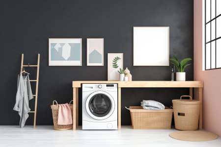 Mockup for design of empty wooden table in laundry roomの素材