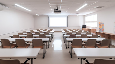 Lecture room or School empty classroom with desks and chair iron wood for studying lessons in high sの素材