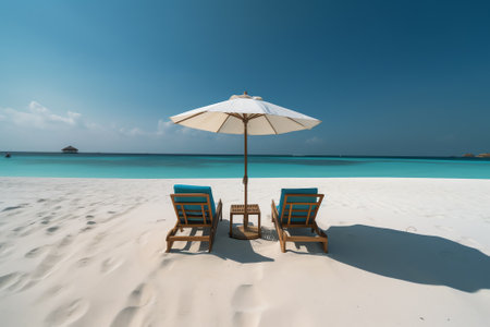 Empty sandy beach with sun beds and umbrellas in tropical resort before the start of the touristic sの素材