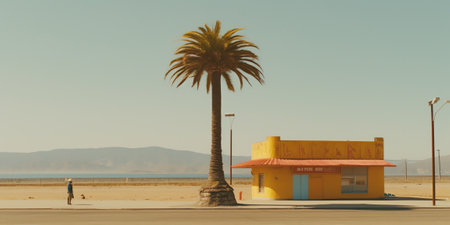 Empty bus stop with red background and palm trees in Morondava, Madagascarの素材