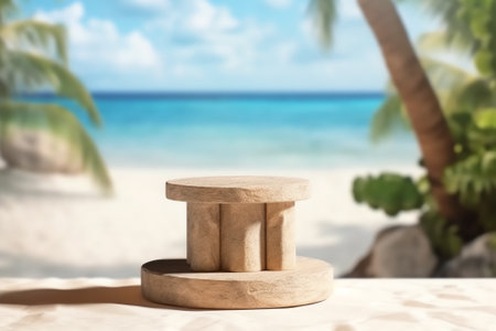 Stone pedestal in sand and sea landscape. Free space for your decoration.の素材