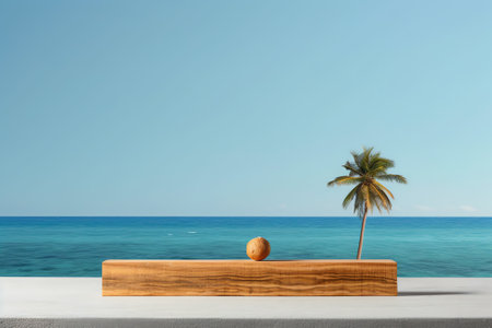 Blank lightbox with white space for mockup stands vertically on sidewalk with palm trees against bluの素材