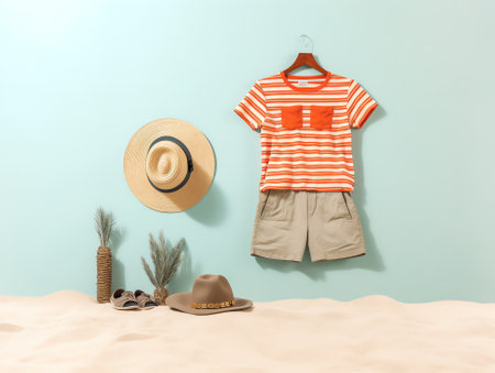 Beautiful summer holiday beach background with straw hat, sunglasses, glass of water and shells on sの素材