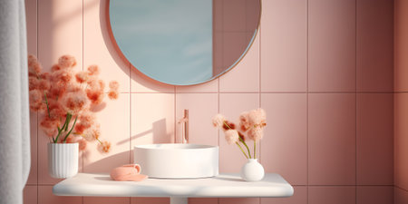 Realistic 3D render close up elegant bathroom vanity countertop with white ceramic wash basin and faの素材