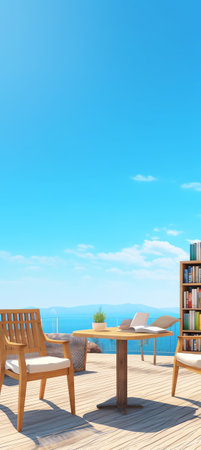 Sunny. An empty bar counter and an empty chair against the background of the beach and the sea. Vacaの素材