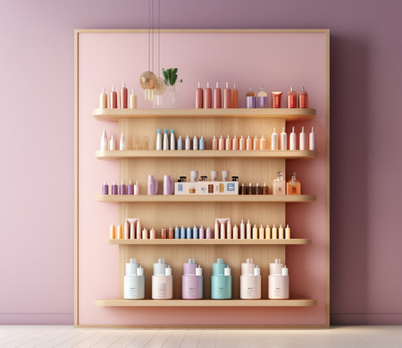 Bathroom mockup background with tiles for presentation of products, bottles, beauty care products. Eの素材