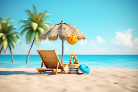 Summer vacation on the beach in a deck chair against a blue sky (3D Rendering)の素材