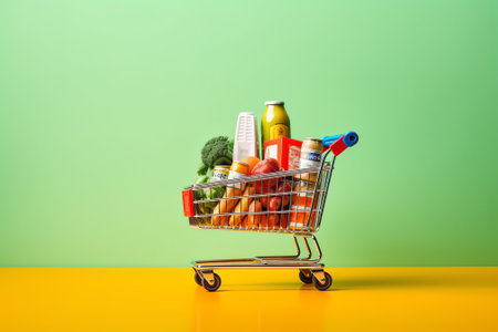 Supermarket aisle with empty green shopping cartの素材