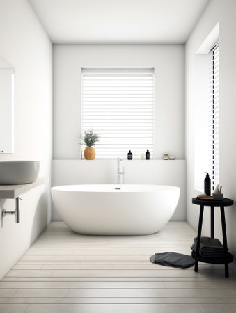 Interior of modern bathroom with white and beige walls, concrete floor, white sink on marble counterの素材