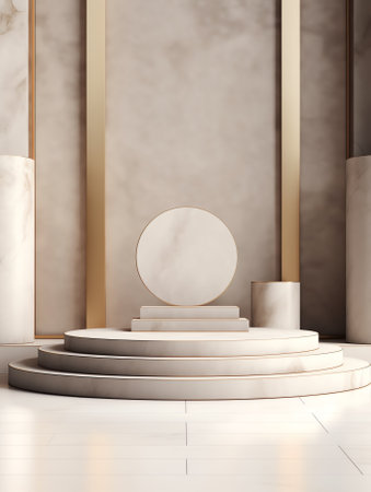 Empty marble podium on bathroom table before white brick wallの素材