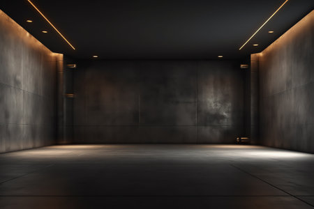 Horizontal view of empty cement floor with steel and glass modern building exterior. Night scene. Phの素材