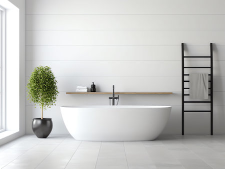 Empty bathroom interior with a tiled white wall, a blank wall and wooden floor. Concept of a new apaの素材