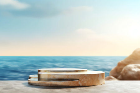 Stone rocky pedestal or podium in front of sea ocean background. Empty product template. Summer vibeの素材