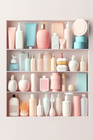 Bathroom mockup background with tiles for presentation of products, bottles, beauty care products. Eの素材