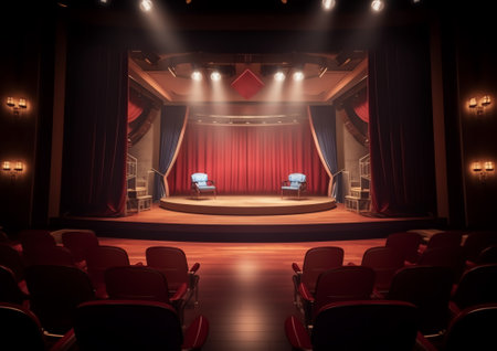 Red theater chairs rear view. Cartoon empty auditoriumの素材