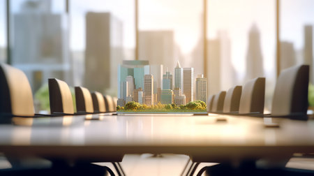 Blur image of empty boardroom with window cityscape background. Business conceptの素材