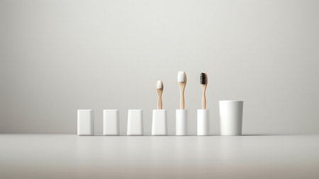 Toothbrushes in cup and towels on a white table inside bathroom with a cement wall. Minimal decoratiの素材