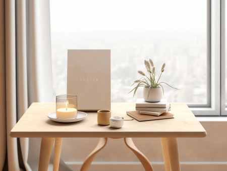 Wooden table, desk or shelf close up with ceramic vases with cotton flowers over classic bedroom witの素材