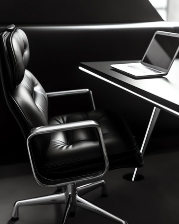 Manager's office setting. A black armchair next to a black desk. Horizontal photoの素材