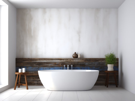 Bathroom interior with a white bathtub standing near a wooden wall. 3d rendering mock upの素材
