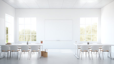 Contemporary meeting room interior with empty blackboard, furniture and equipment. Seminar and preseの素材