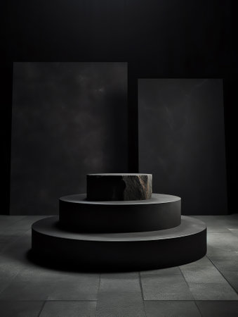 Dark stone podium for beauty and spa cosmetic brand product placement on black background wall. Luxuの素材