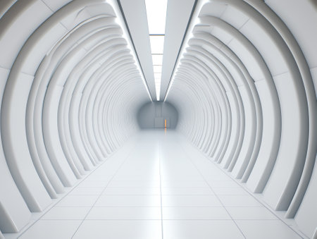 White futuristic tunnel leading to light. Wide angle. Modern style abstract 3d rendered background.の素材