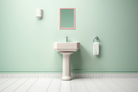 3D Rendering Minimal Refreshing Pastel Green and White Bathroom or Kitchen under Sunlight and Shadowの素材