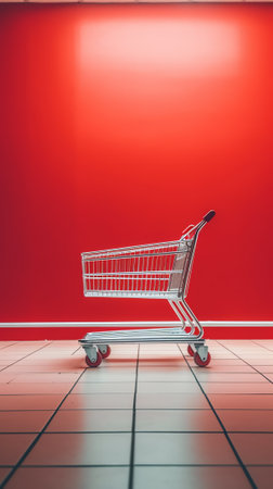 Supermarket interior, empty red shopping cart.の素材