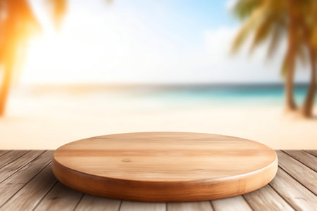 Wood table top on blurred beach background with people in colorful clothes - can be used for displayの素材