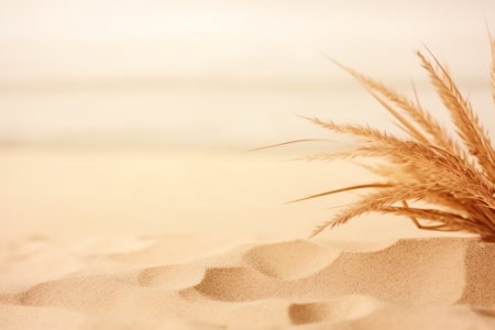 Closeup of dry grass on sandy beach with sea and sky backgroundの素材