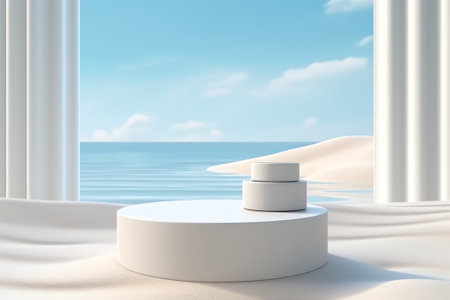 Empty modern white color table for pedestal product display, summer beach with blue sea and sky bannの素材