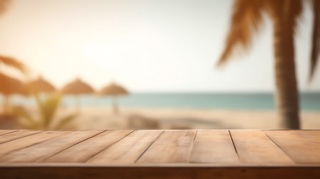 Wood table top on blurred beach background with people in colorful clothes - can be used for displayの素材