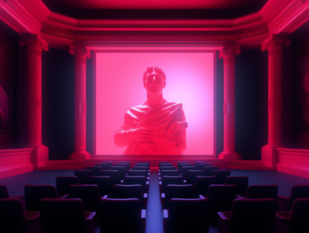 Concert hall of the theater with red new chairs. The interior of the hall in the theater or cinema vの素材