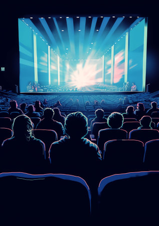 Cinema auditorium with people in chairs watching movie. Light of projector. High angle. Frontal viewの素材